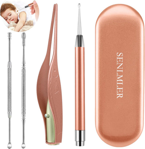 4 Pack Ear Pick with Light, Ear Cleaner Ear Wax Removal Tool Kit for Kids and Adults, Ear Picks Digger & Tweezers & Spiral Spring Ear Spoon Set wi...