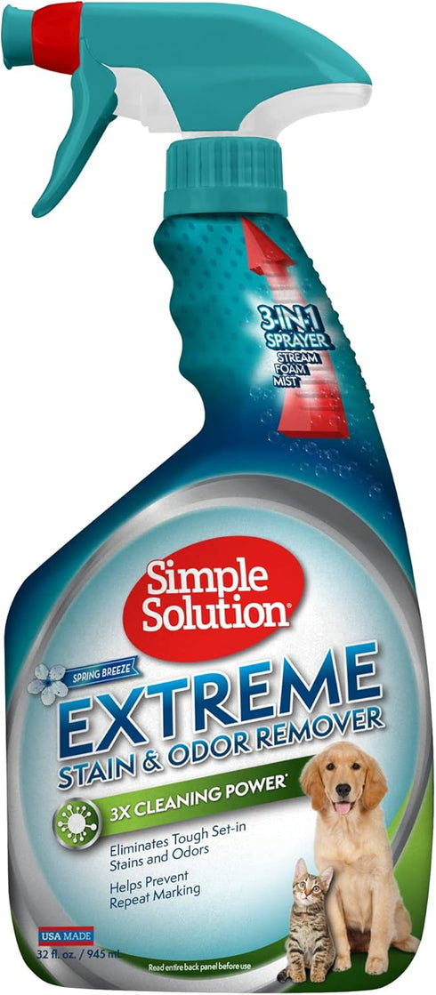 Simple Solution Extreme Pet Stain and Odor Remover | Enzymatic Cleaner with 3X Pro-Bacteria Cleaning Power | Spring Breeze, 32 Ounces...