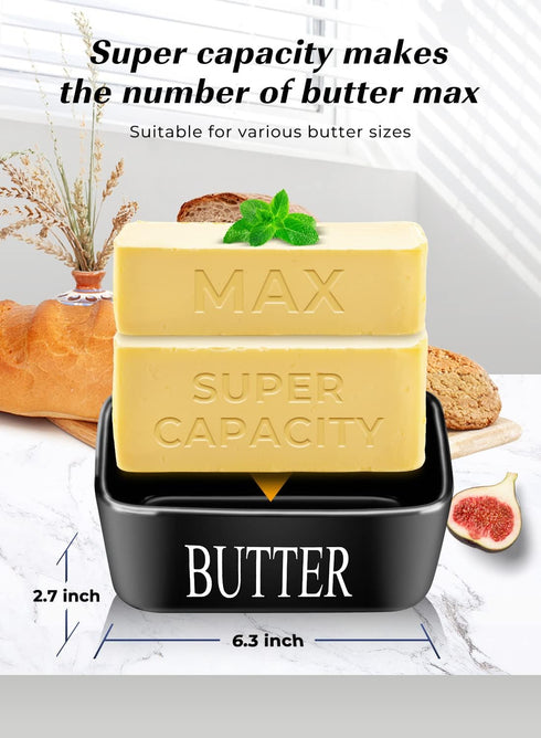 Black Ceramic Butter Dish with Lid - Large Countertop Butter Holder, Perfect for 2 Sticks, Includes Knife and Sponge Scrubber...