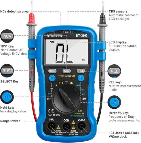 BTMETER BT-39K Multimeter with Case, 4000 Count Volt Ohm Amp Meter Autoranging DMM for AC/DC Current, Voltage, Resistance Frequency Tester, with N...