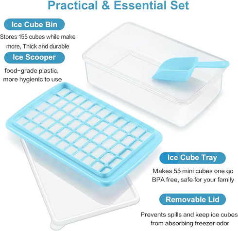 ARTLEO Ice Cube Tray with Lid and Bin for Freezer, Easy Release 55 Trapezium Ice Cube Tray with Cover, Storage Container, Scoop, Flexible Durable ...