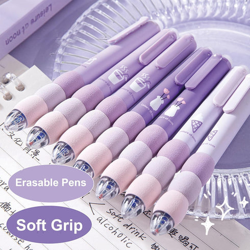 4 Pcs Erasable Gel Pens Cartoon Retractable Cute Purple Pens Soft Grip Pens 0.5mm Black Ink Pen Office School Pens Women Girls Boys Pens (Black In...