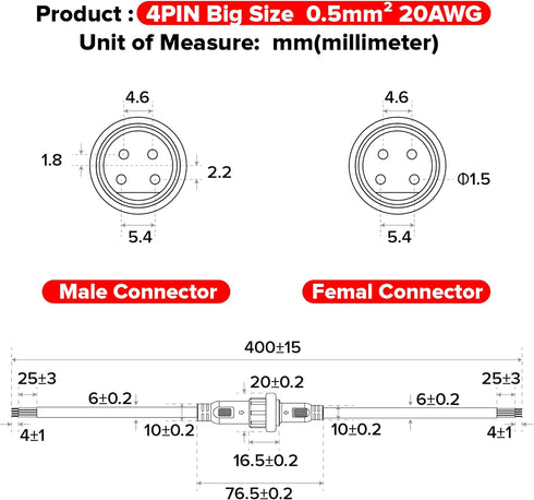 BTF-LIGHTING 4 Pin Electrical Connector 20AWG IP65 Male Female Connector 7.87in/20cm Extension Cable for Car,Truck,Boat,Indoor/Outdoor LED Strip L...