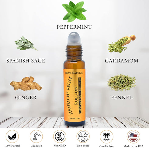Headache Relief Essential Oil Roll On 10ml, Pre-Diluted, Ready to Use Roller for Migraine, Tension, Calming, Soothing, Grounding, Sore Muscles, Sp...