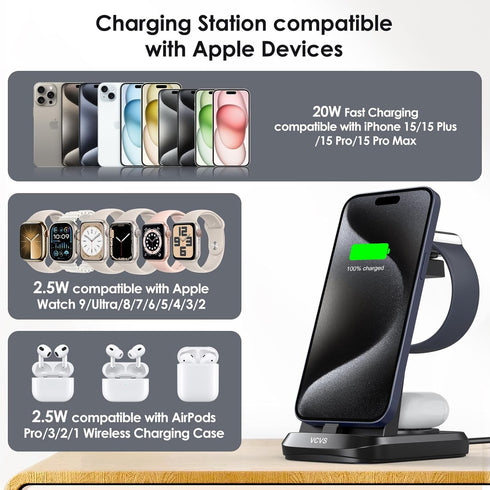 30W PD USB C Super Fast Charging Station Charger for iPhone 15/15 Plus/15 Pro/15 Pro Max Only, VCVS 3 in 1 Wireless Charger Compatible with Apple ...