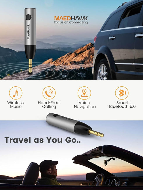 Bluetooth 5.0 Receiver, MaedHawk Bluetooth Aux Adapter/Portable Wireless Audio Car Kit (A2DP, Built in Microphone, Dual Link) with 3.5mm Jack for ...