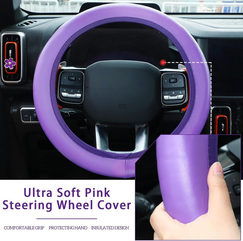 10 Pcs Leather Steering Wheel Cover for Women Cute Car Accessories Set with Seat Belt Shoulder Pads Seatbelt Covers Cup Holders Bling Start Button...