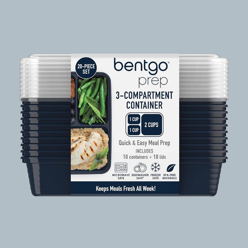 Bentgo 20-Piece Lightweight, Durable, Reusable BPA-Free 3-Compartment Containers - Microwave, Freezer, Dishwasher Safe - Navy Blue...