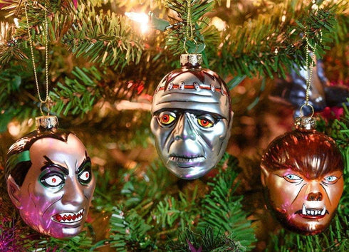 Archie McPhee Set of 3 Monsters Blown Glass Christmas Ornaments! - Dracula, Werewolf Frankenstein, Skeleton Color...