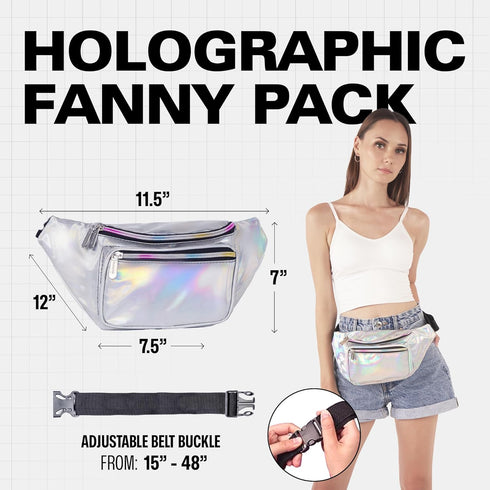 Holographic Fanny Pack Belt Bag | Waterproof Crossbody Bum Waist Pack - For Halloween, Rave, Hiking, Running, Travel (Silver)...