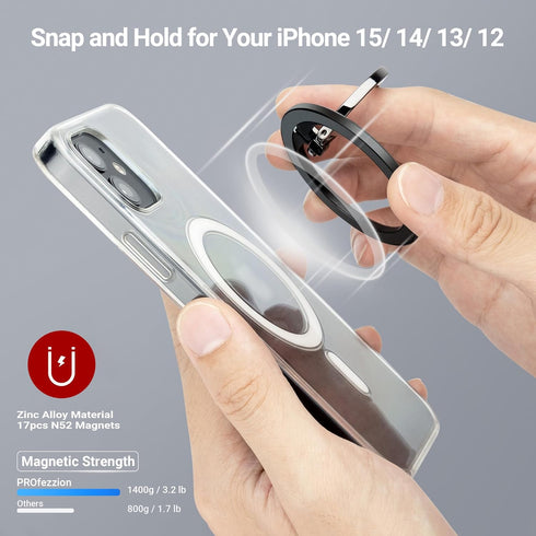 PROfezzion Thin Metal Ring Holder for MagSafe, Removable Strongest Magnetic Phone Grip for iPhone 15 14 13 12 Pro Max Plus with MagSafe Case [Not ...