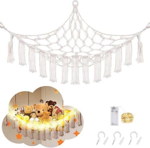 Stuffed Animal Hammock with LED Light, Toy Hammock for Stuffed Animals Storage for Kids Room Decor, Stuffed Animal Hammock Corner, White...