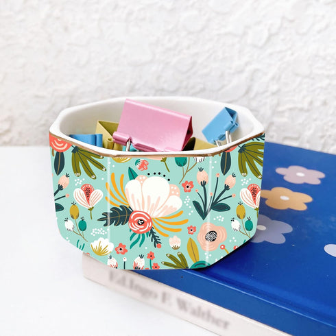 Ceramic Paper Clip Holder Gold Line Paper Clip Dispenser Organizer for Desk Cute Floral Pattern Office Binder Clip Holder Bobby Pin and Hair Clip ...