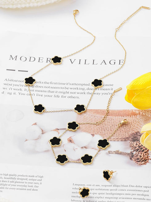 Four Leaf Clover Necklace Bracelet and Stud Earrings Set for Women Lucky Flower 14K Gold Jewelry...
