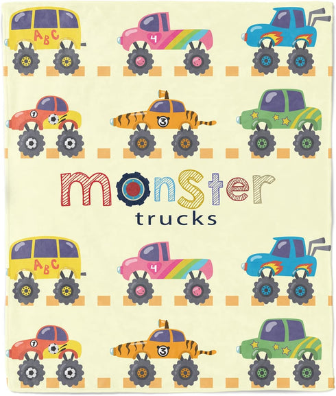 Monster Trucks Blanket for Baby Boys, Yellow Car Throw Blanket for Toddler Boys, Monster Trucks Throw Blanket, Soft Fleece Car Blanket for Boys Ki...