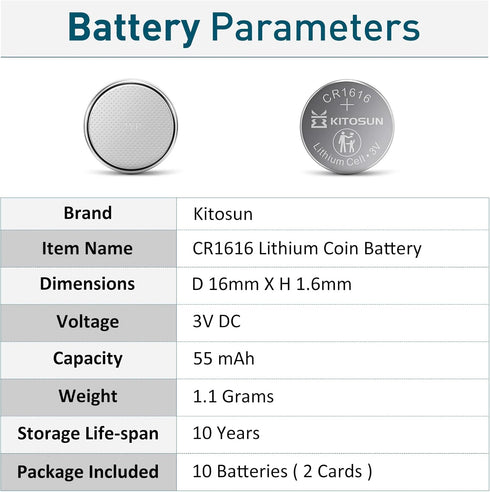 KITOSUN CR1616 3V Lithium Coin Battery – 3 Volt CR 1616 Lithium Cell Button Batteries Replacement for Car Key Fob Remote Control Honda Accord CRV ...