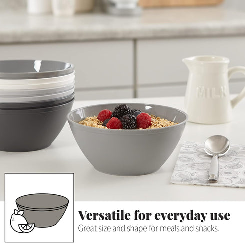 US Acrylic Unbreakable 28 oz. Plastic Stackable Cereal Bowls for Snacks & Ice Cream in Grey Colors (Set of 8) 6-inch Reusable, BPA-Free, Made in t...