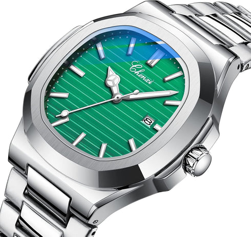 Men Silver Diamond Watch: Quartz Luminous Analog Watch Waterproof Wristwatch Stainless Steel Band Reloj with Gift Box & Removal Tool...