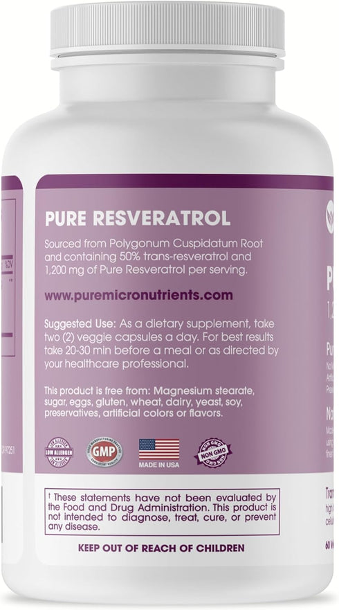 Pure Micronutrients - Pure Resveratrol Supplement - Extra Strength 1200mg Trans-Resveratrol - for Anti Aging, Heart & Immune Health - 60 Vegan Cap...