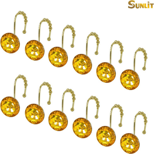 Sunlit Luxury Design Round Yellow Diamond Crystal Gem Bling with Glide Balls Shower Curtain Hooks, Rust Proof Metal Rhinestones Glam Shower Curtai...