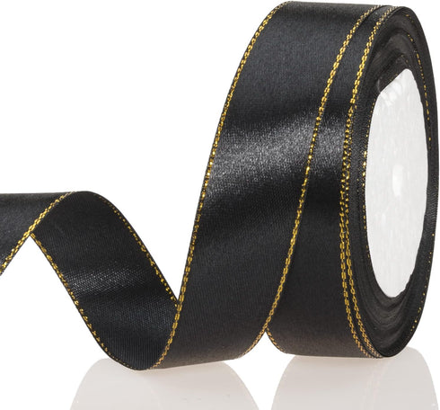 YASEO 25 Yards 1 Inch Black Satin Ribbon with Gold Edges, Gold Border Fabric Ribbons for Gift Wrapping and Crafts...