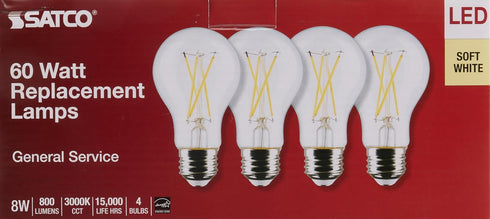 Satco S12463 8 Watt A19 LED Bulb, Clear, 3000K, Medium Base, 120 Volt, 4-Pack...