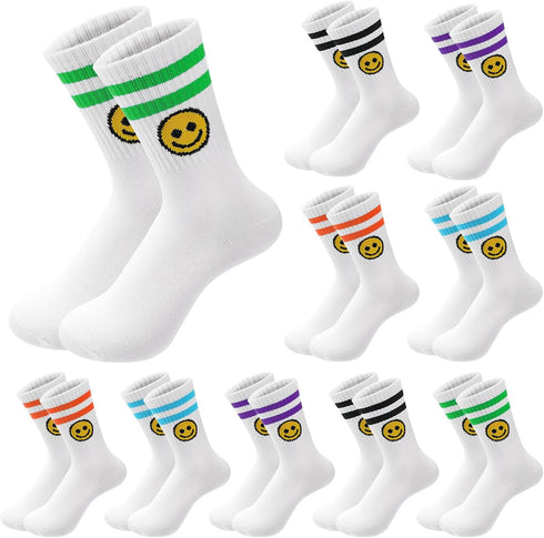 10 Pairs Cute Smiling Face Socks Cotton Striped Tube Socks Novelty Funny Crew Double Stripes Smile Athletic Socks for Women Girls...