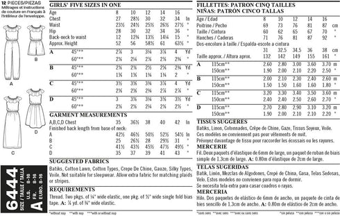 NEW LOOK Patterns Girl's Dress and Jumpsuit in Two Lengths Size A (8-10-12-14-16) 6444...