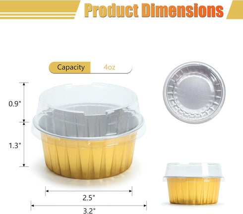 Aluminum Cups with Lids, 4.2oz 50Pcs Gold Disposable Cake Pans with Lids, Creme Brulee Cups, Mini Cake Pans for Party, Wedding, Birthday...