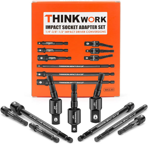 THINKWORK Impact Socket Adapter Set, 1/4" 3/8" 1/2" Drill Socket Adapter, 1/4" Hex Shank Impact Driver Socket Adapter for Cordless Drill, Impact D...