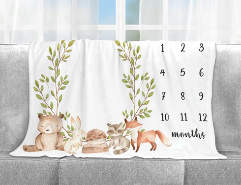 Woodland Milestone Blanket, Forest Animals Baby Growth Chart Monthly Blanket, Watch Me Grow Woodland Bear Fox Baby Nursery for New Moms Baby Showe...