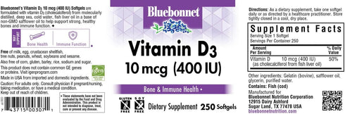 Bluebonnet Nutrition Vitamin D3 400 IU Softgels, Aids in Muscle and Skeletal Growth, Cholecalciferol from Fish Oil, Non GMO, Gluten Free, Soy Free...