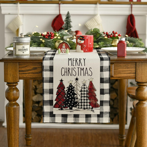 Artoid Mode Waterclor Buffalo Plaid Christmas Trees Merry Xmas Table Runner, Seasonal Winter Holiday Kitchen Dining Table Decoration for Indoor Ou...