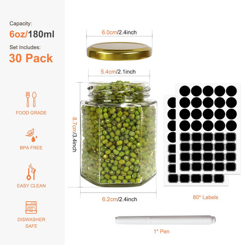 Betrome 30 Pack 6oz Hexagon Glass Jars with Gold Lids, 180ml Clear Glass Canning Jars Honey Jars Spice Jars Mason Jars for Jams, Shower Favors, We...