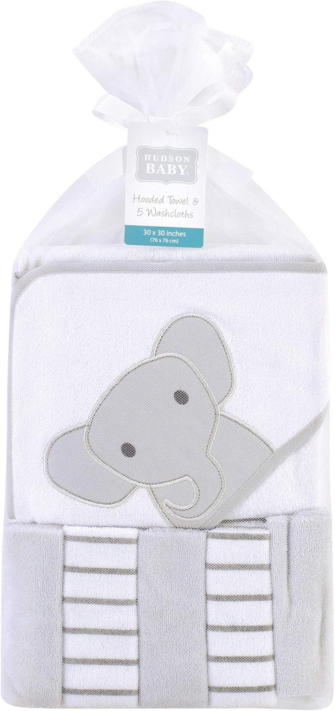 Hudson Baby Unisex Baby Hooded Towel and Five Washcloths, Modern Elephant, One Size...