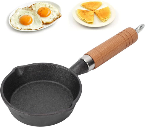 Fdit Frying Pan, 10CM Casting Iron Pan with Wood Handle Egg Frying Pan Skillet Mini Flat Bottomed Pancake Pan Cookware Kitchen Utensils...