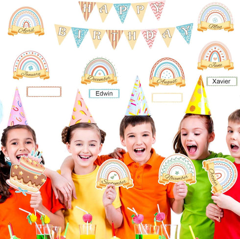 Boho Classroom Decor, Happy Birthday Bulletin Board Calendar Decorations Rainbow Classroom Wall Decor Supplies Include Labels Classroom Chart Cuto...