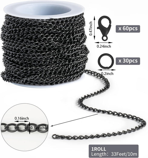 Lemonkey 33 Feet Metal Black Necklace Chains Curb Links Chains Bulk for Jewelry Making DIY Craft Kit with Lobster Clasps Jump Rings...