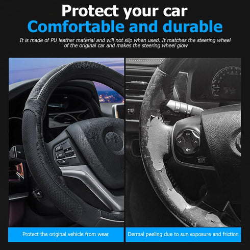 Car Steering Wheel Cover, Non-Slip & Breathable Leather Steering Wheel Protector Cover with Great Grip, Sporty Style for Men and Women, Universal ...