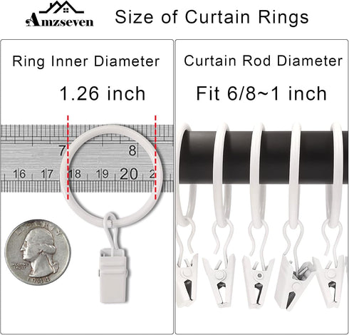 40 Pack Curtain Rings with Clips, Drapery Clips with Rings, Drapes Rings 1.26 in Interior Diameter, Fits up to 1 in Curtain Rod, White...