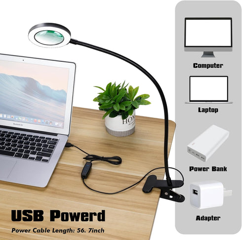 Desk Magnifying Glass with Light 5X, Clip on Desk Light with 3 Light Color, 5w LED Desk Lamp with Clamp 10 Adjustable Brightness, Flexible Goosene...