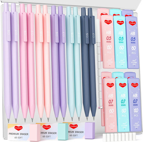 12PCS 0.5 & 0.7 mm Mechanical Pencils Set with Case, Cute Mechanical Pencil with 720PCS HB Lead Refills, 3 Erasers & 18 Eraser Refills, Aesthetic ...