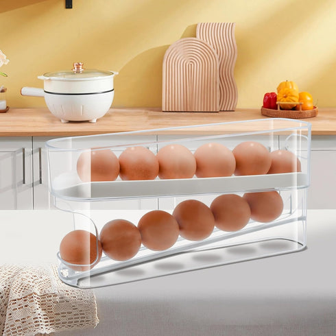 Automatic Rolling Dispenser for Refrigerator,12-Count Double Layer Rolling Egg Holder,Space Saving Eggs Organizer Tray for Refrigerator Countertop...