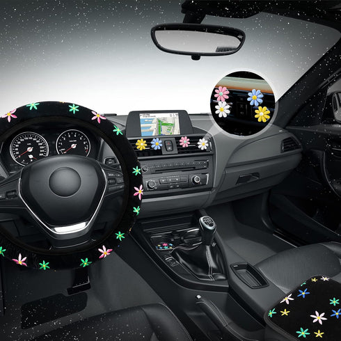 10 Pcs Embroidery Cute Flower Car Accessories Set Floral Steering Wheel Cover Car Air Vent Clips Center Console Armrest Cushion Car Cup Mats Seat ...