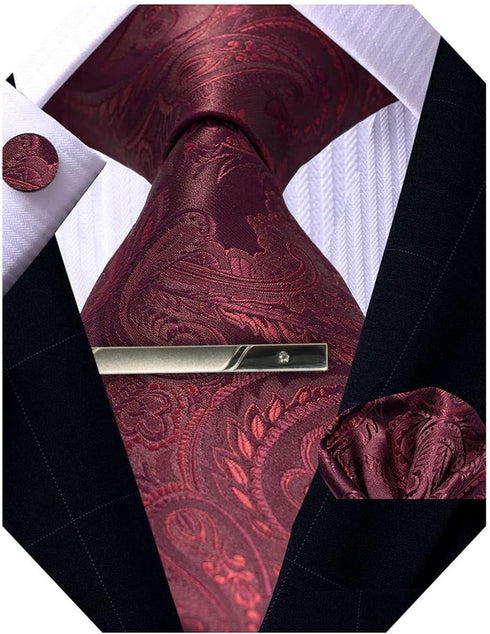 Mens Silk Tie and Pocket Square Cufflinks Clip Set, Designer Woven Necktie Set for Wedding Business Prom...