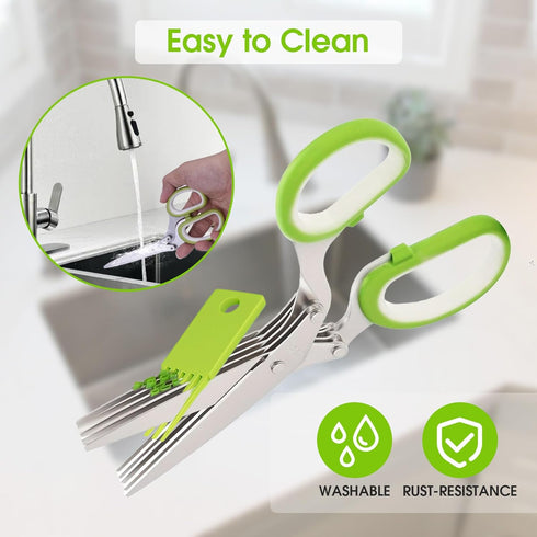 Herb Scissors With 5 Blades and Cover - Multipurpose Kitchen Shears for Cutting and Stripping - Dishwasher Safe, Green...
