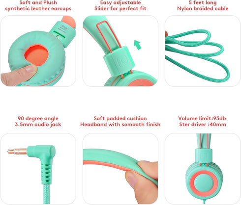 A21 Kids Headphones for School/PC/Cellphone/Airplane Travel with 3.5mm Jack Children Boys Girls Foldable Wired On-Ear Headset (Mint Coral)......