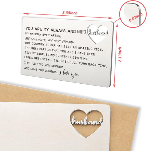 Stainless Steel Wallet Card, Engraved 'Husband' with Love Note for Anniversary, Birthday, Christmas, Valentine's Day...