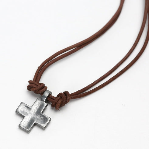 Vintage Cross Necklace Mens Jewelry Genuine Leather Rope Punk Antique Pendant Necklace Fashion Prayer Chain Choker for Women, Brown...