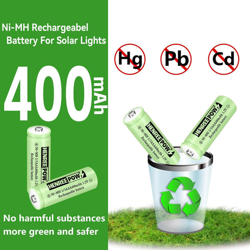 Henreepow Ni-MH 2/3AAA 1.2v 400mAh Rechargeable Batteries,Low Self-Discharge, Long Range with Button Top for Solar Lights,Length 2/3 The Size of A...